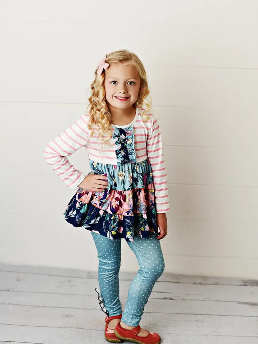 Kids Pink & Blue 3-Tiered Two Piece Top/Pant Set - Moonlight Boutique
