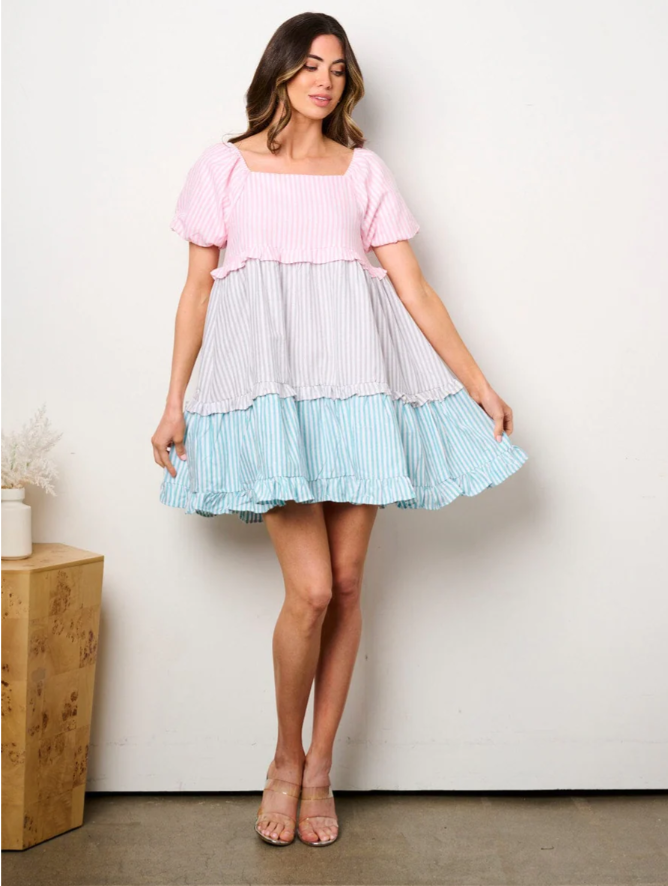 Short Puff Sleeve Fit & Flare Colorblock Tunic Mini Dress