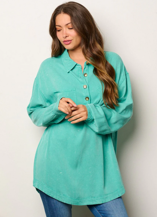 Long Sleeve Button Detailed Oversized Tunic Top