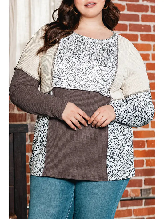 Plus Size Leopard Waffle Ribbed Knit Patchwork Top