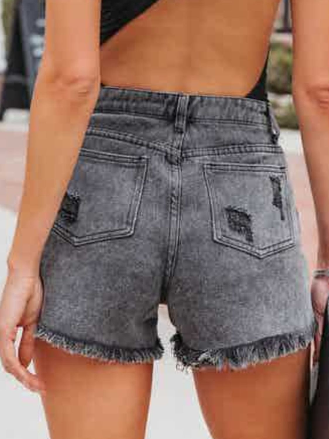 Distressed Fringe Denim Shorts with Pockets - Moonlight Boutique