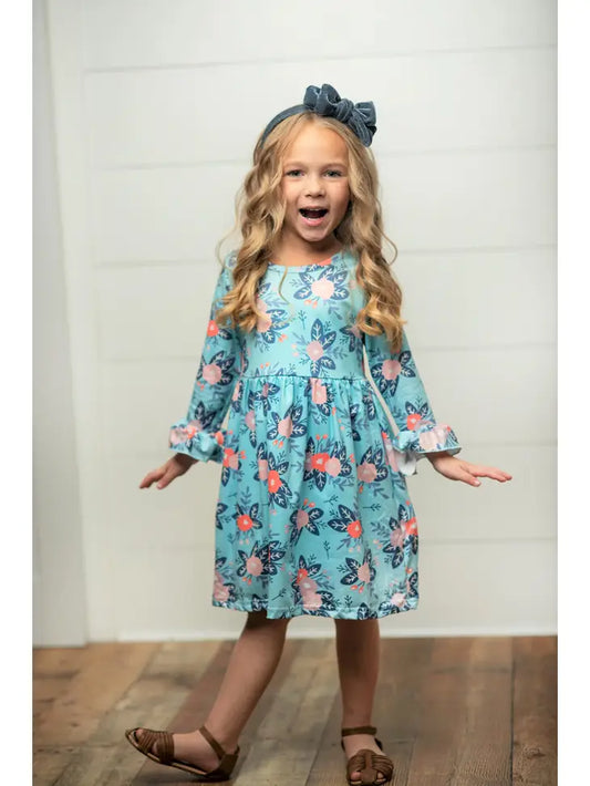 Kids Claire Pink & Teal Floral Twirl Dress - Moonlight Boutique