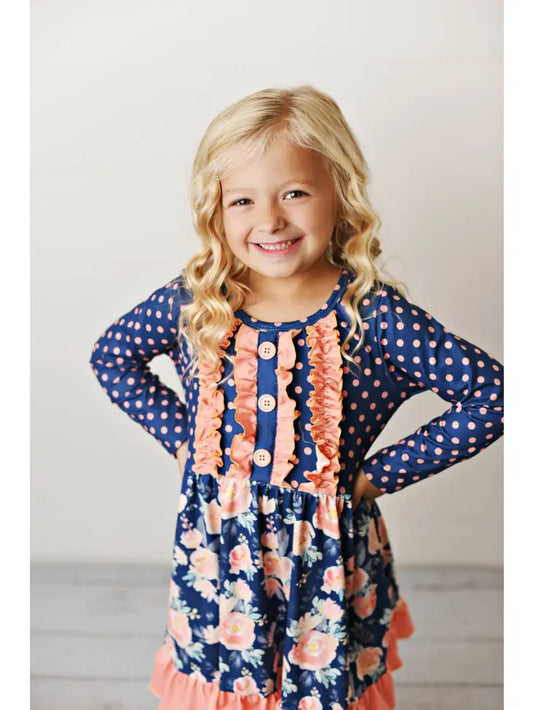 Kids Navy Coral Floral Long Sleeve Ruffle Dress - Moonlight Boutique