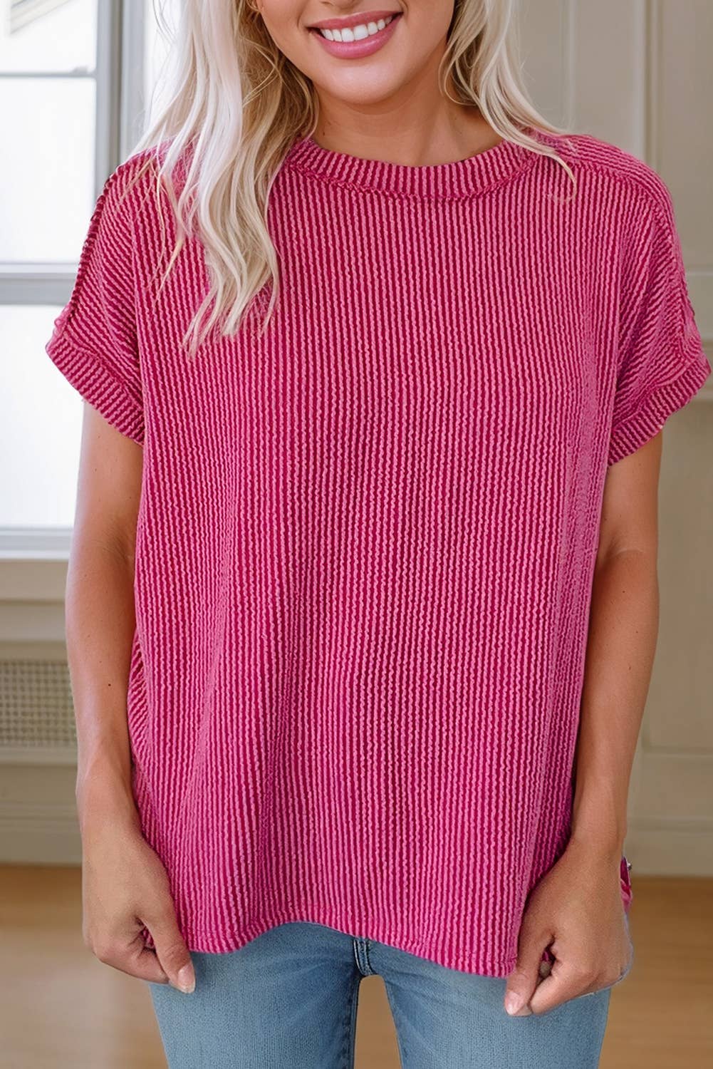 Textured Knit Exposed Stitching T-shirt