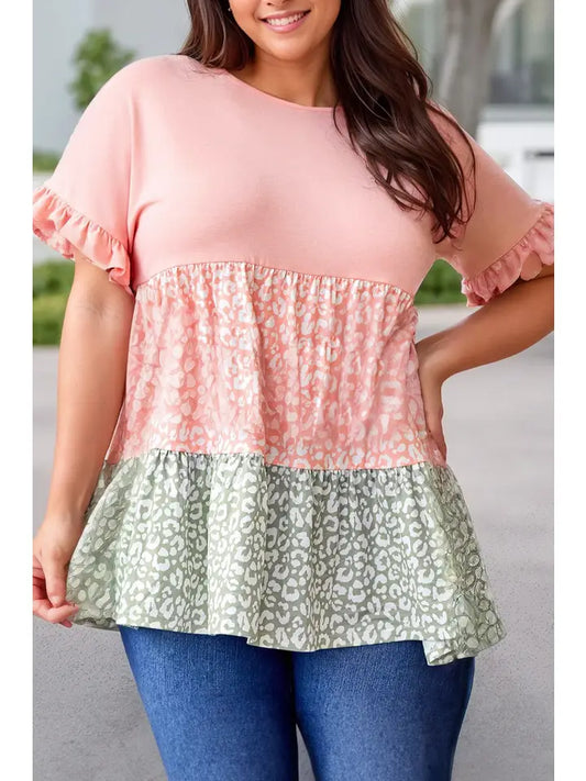 Ruffled Short Sleeve Leopard Patchwork Plus Size Top