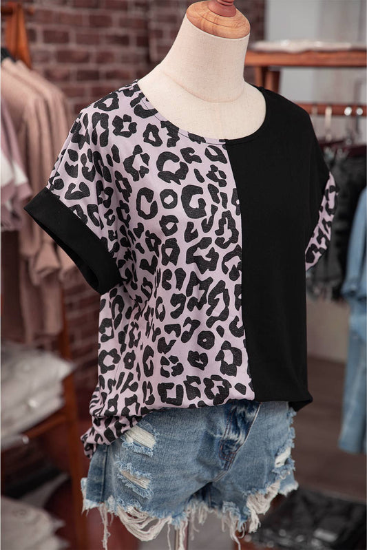 Casual Leopard Patchwork Short Sleeves Top