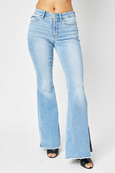 Judy Blue Full Size Mid Rise Raw Hem Slit Flare Jeans - Moonlight Boutique
