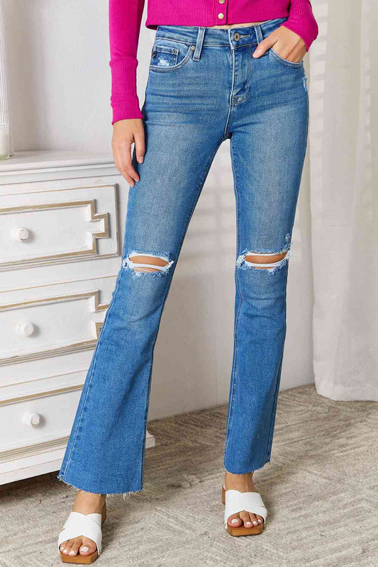 Kancan Full Size Distressed Raw Hem Bootcut Jeans - Moonlight Boutique