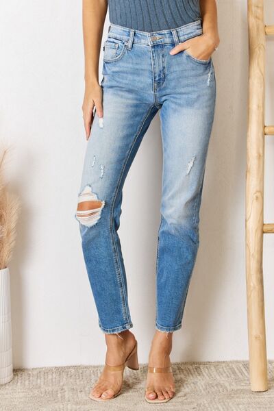 Kancan High Rise Distressed Slim Straight Jeans - Moonlight Boutique