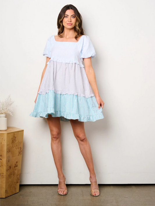 Short Puff Sleeve Fit & Flare Colorblock Tunic Mini Dress