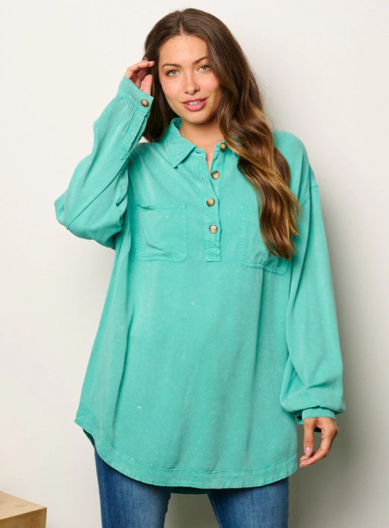 Long Sleeve Button Detailed Oversized Tunic Top
