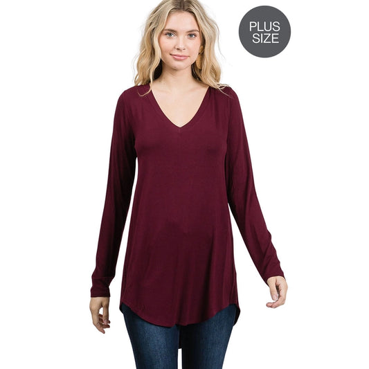 Plus Luxe Rayon Long Sleeve V-Neck Dolphin Hem Top - Moonlight Boutique