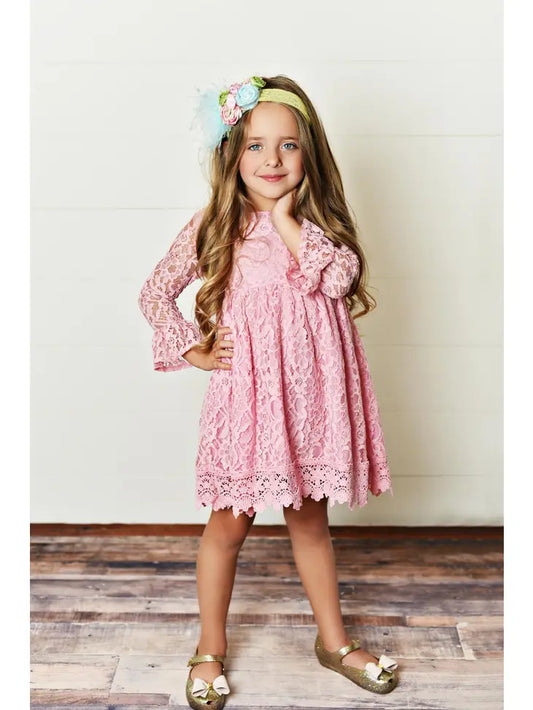 Kids Light Pink Lace Knee Length Fancy Dress - Moonlight Boutique