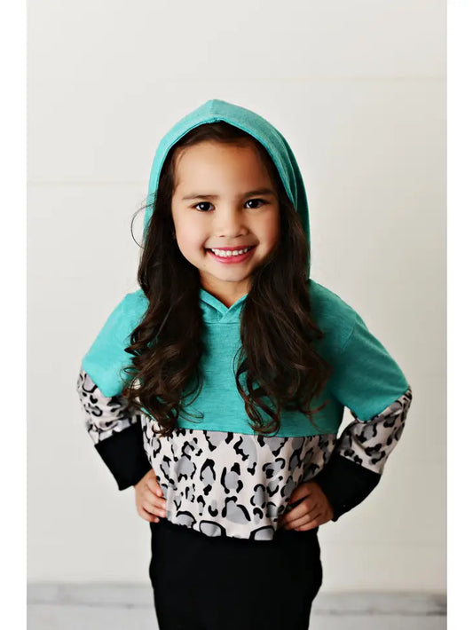 Kids Teal Black & Leopard Print Winter Hoodie Shirt - Moonlight Boutique