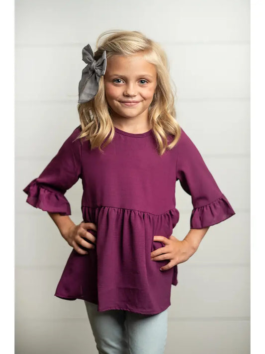 Kids Wine Ruffle Long Sleeve Shirt with Buttons - Moonlight Boutique