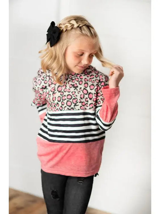 Kids Pink Leopard Stripe Long Sleeve Hoodie Shirt - Moonlight Boutique