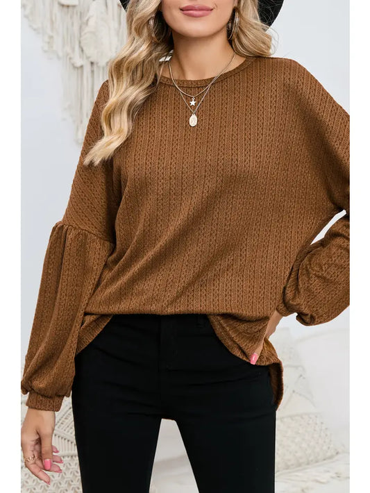 Orange Faux Knit Jacquard Puffy Long Sleeve Top - Moonlight Boutique