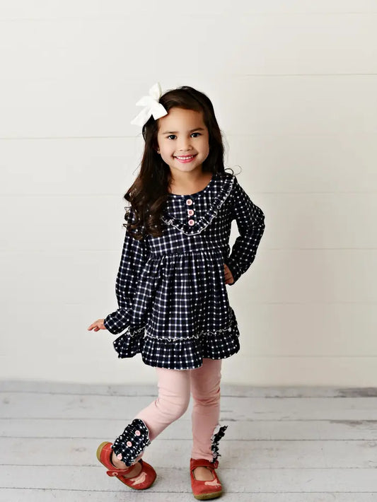 Kids Pink & Navy Gingham Check Button Ruffle Winter Pant Set - Moonlight Boutique