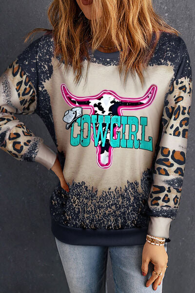 COWGIRL Leopard Round Neck Sweatshirt - Moonlight Boutique