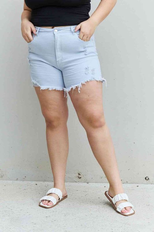 RISEN Katie Full Size High Waisted Distressed Shorts in Ice Blue - Moonlight Boutique