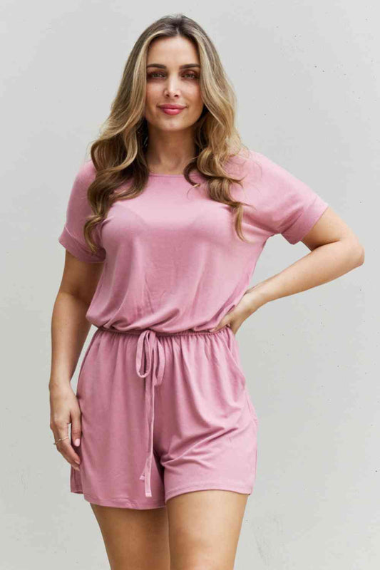 Zenana Chilled Out Full Size Short Sleeve Romper in Light Carnation Pink - Moonlight Boutique