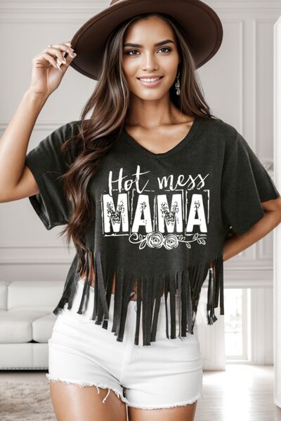 HOT MESS MAMA Fringe Round Neck T-Shirt - Moonlight Boutique