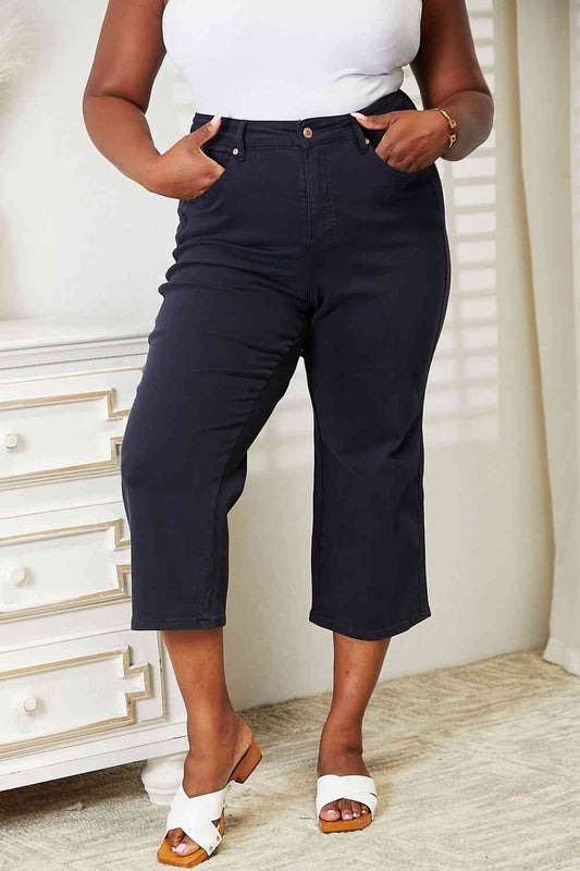 Judy Blue Full Size High Waist Tummy Control Garment Dyed Wide Cropped Jeans - Moonlight Boutique