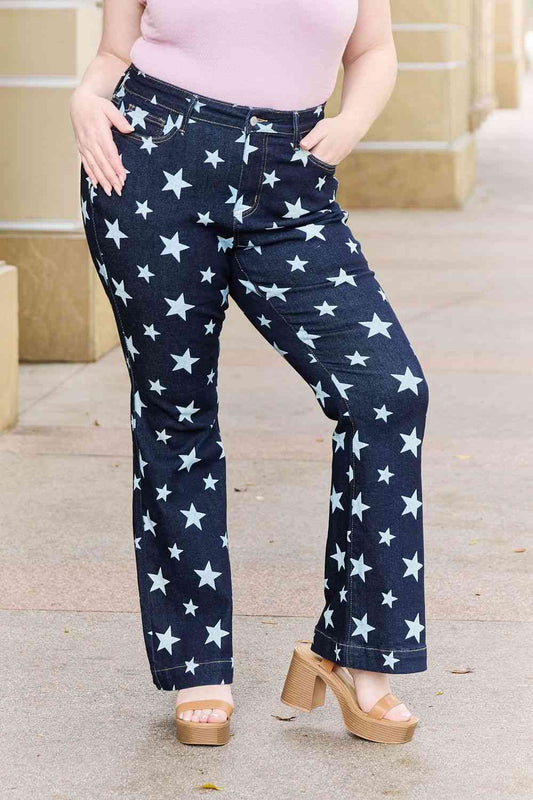 Judy Blue Janelle Full Size High Waist Star Print Flare Jeans - Moonlight Boutique